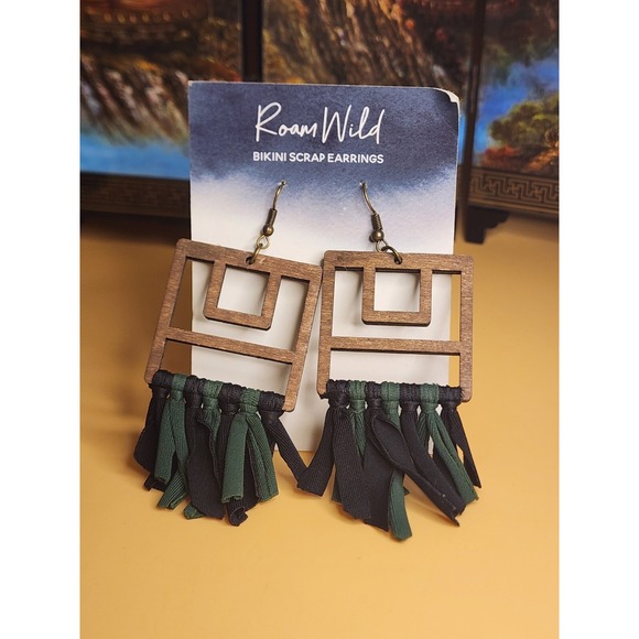 New ROAM WILD Bikini Scrap Earrings Wood Green & Black Fabric Tassels FREE $HIP - Picture 1 of 4